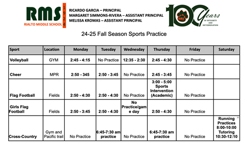 Fall Sports Practice Schedule